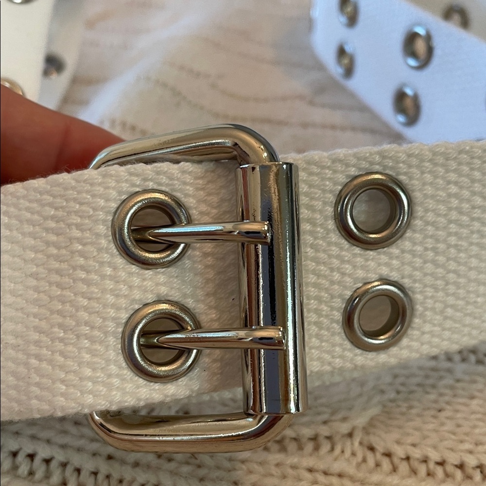 36-42” white belt. Cotton woven metal grommets moto biker motorcycle silver tone - Picture 4 of 9